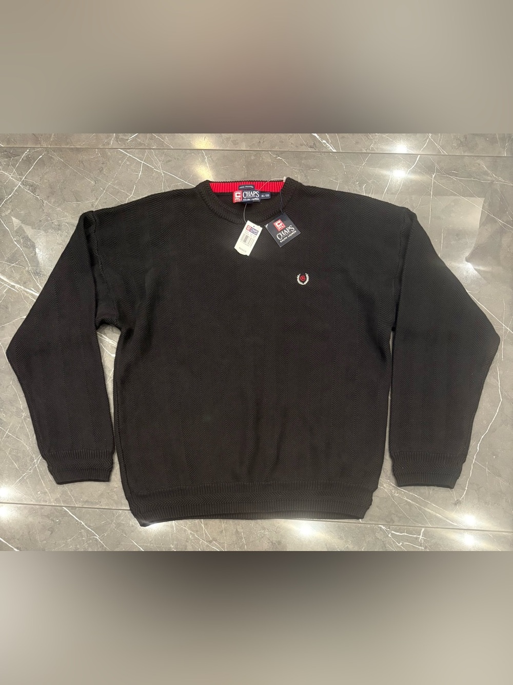 Vintage Chaps Ralph Lauren Textured Knit Cotton Crest Logo Sweater Black NWT XL